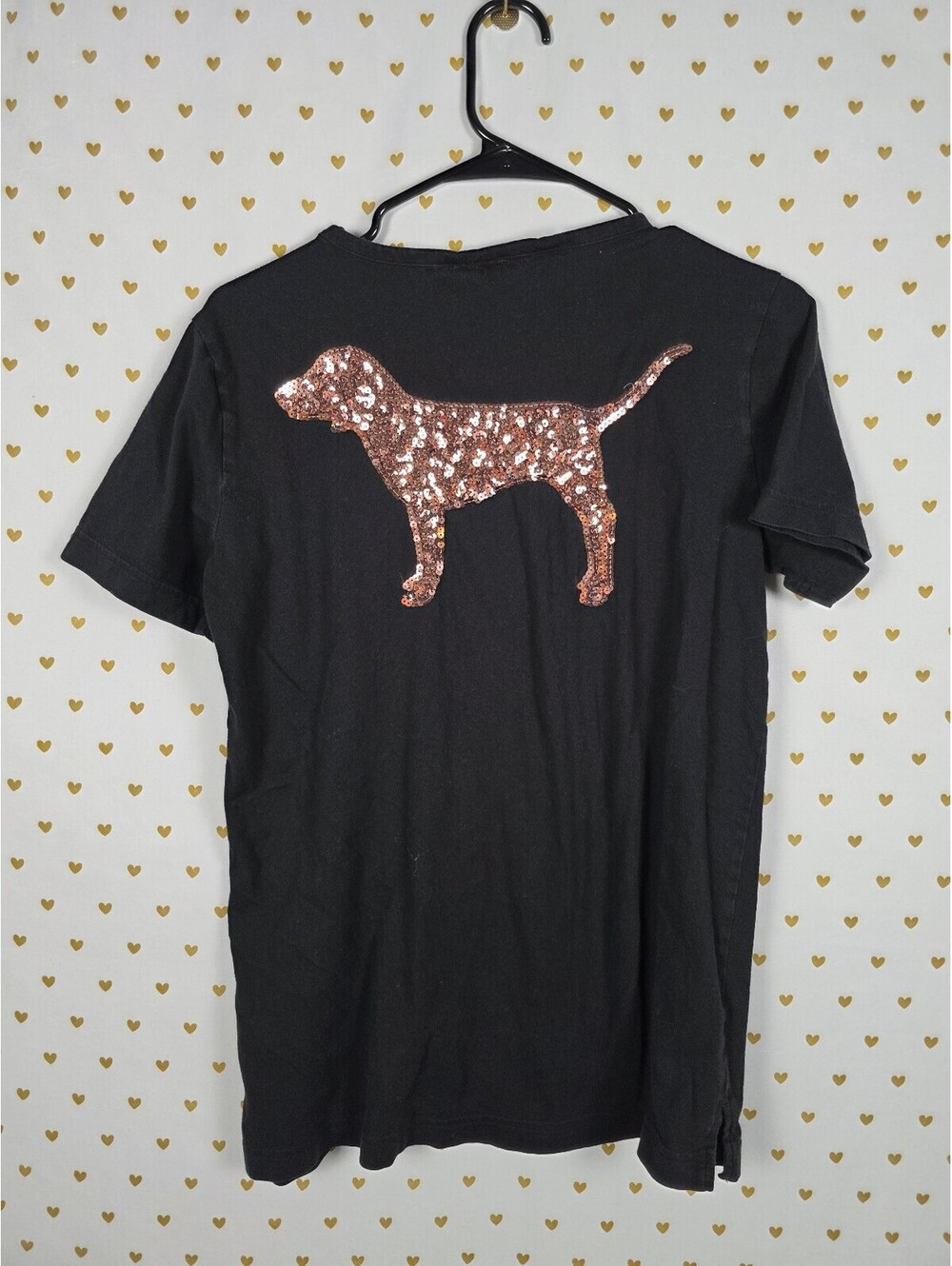 Victorias Secret PINK Bling Cross front Gold sequin Dog Logo Tee Shirt XS